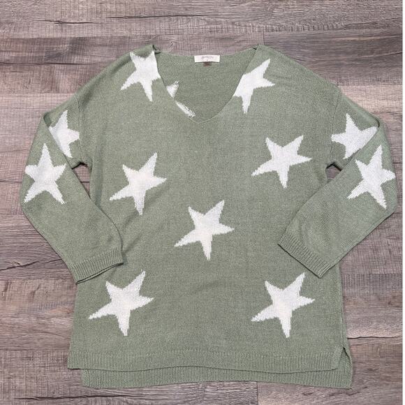 Arula Altard State 1X Star Print V Neck Knit Sweater Preppy Boho Green Casual - Picture 1 of 6